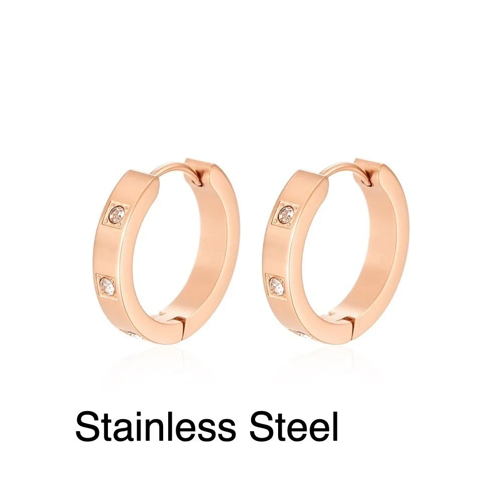 Rose Gold Stainless Steel Hoop Earrings with Crystal Accents Women‎